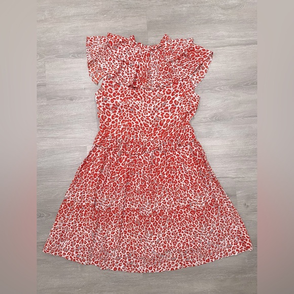 Maje White/Red Leopard Printed Ruffle Detailed Dress Size 1 (or Size Small) - Picture 5 of 8